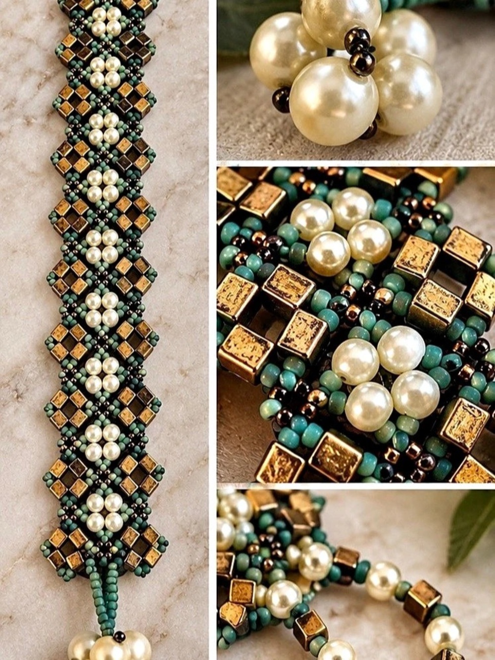 Vintage Artisan Beaded Bracelet Teal Bronze Pearl Floral Woven Cuff 8.5”
